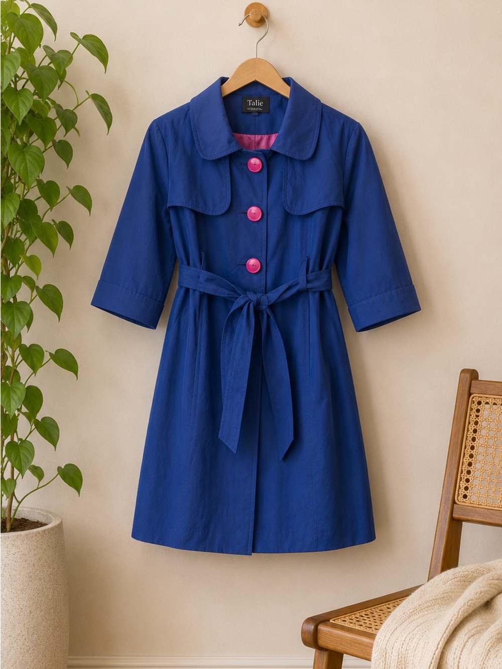 Talie Royal Blue Short Trench Coat Pink Buttons Belted Sz M‎ Edgy Statement Prep